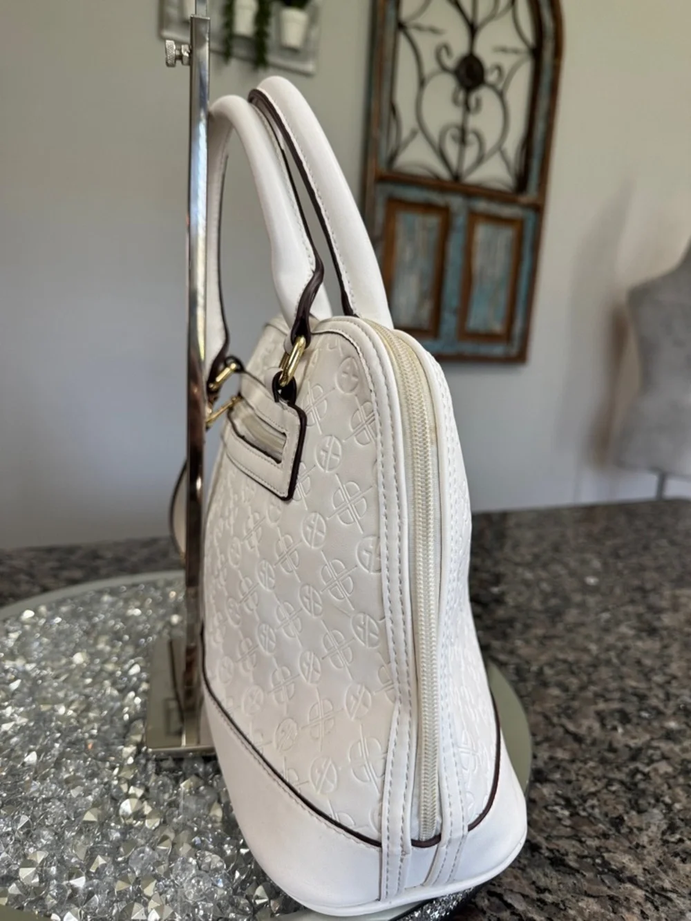 Giani Bernini White Embossed Dome Satchel with Gold Hardware